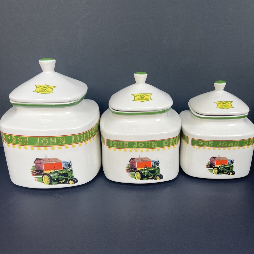John Deere Gibson 1935 Model B Cookie Flour Coffee Sugar Canister Jar Set